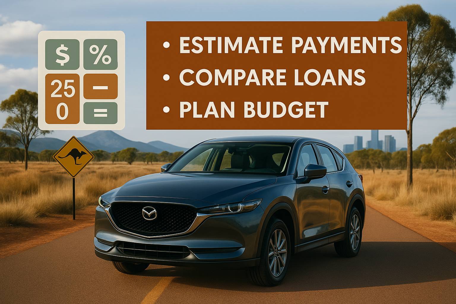 Mazda CX-5 on Australian outback road with kangaroo sign and calculator overlay