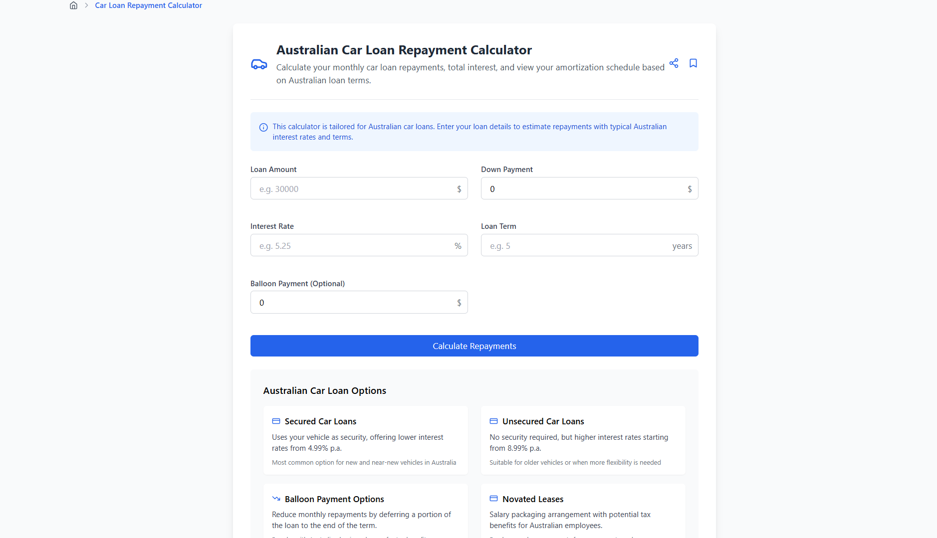 Car Loan Payment Calculator Interface