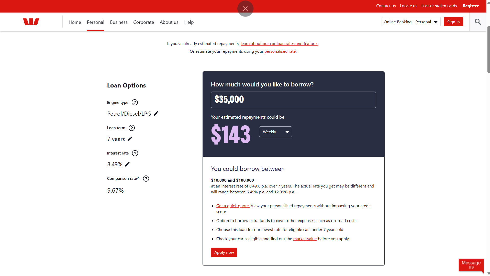 Westpac Car Loan Calculator Interface